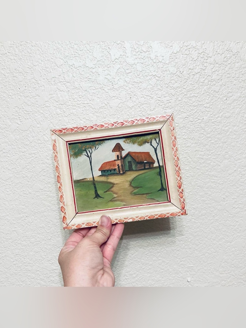 Small Vintage Wooden Framed Painting Mexican Village Folk Art Artisan Wall Art